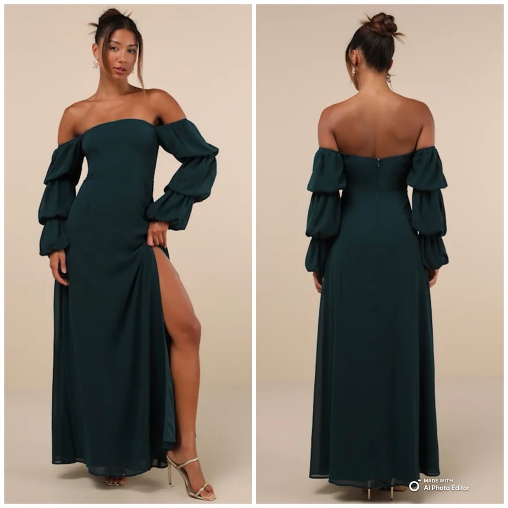 Lulus Medium Demure Aura Emerald Tiered Balloon Sleeve Maxi Dress NWT